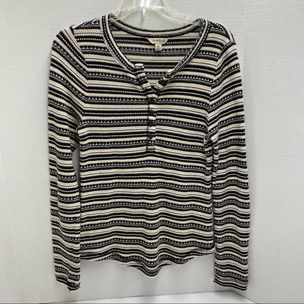 Lucky brand pullover top size medium cotton/polyester long sleeve 7 buttons Boho